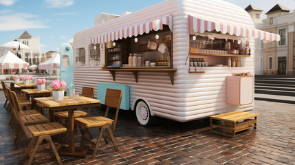 Fototapeta na wymiar Chill and Charm. Exploring the Ice Cream Van Hub with Wooden Tables and Chairs. Generative AI