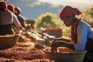 Coffee farmers sorting freshly harvested Arabica coffee beans in a cooperative in African highlands