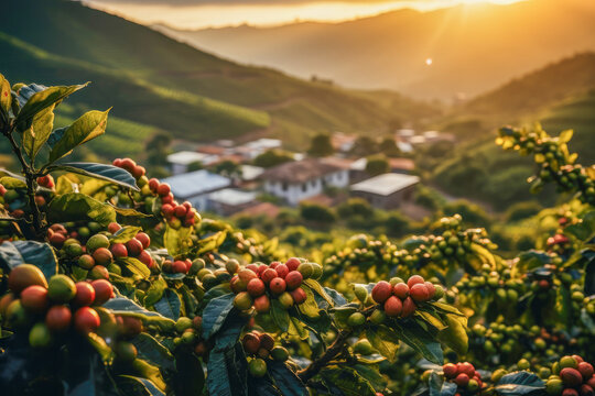 Coffee beans ripening in a picturesque lush highland coffee plantation