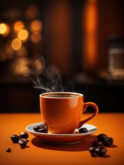 A cup of black espresso on orange background, cup of coffee, cup of coffee and coffee beans, cup of coffee with coffee beans, cup of coffee and cacao beans, cup of coffee with cacao beans on table
