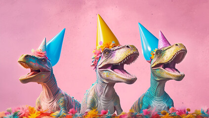 Illustrated party concept with three cute dinosaurs having fun, confetti and balloons on a pastel background. Illustration