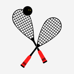 Two rackets and a squash ball. Crossed squash rackets icon. Simple vector drawing. - obrazy, fototapety, plakaty