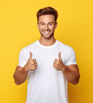Portrait of a happy young male with a positive smile, and white teeth, looking happily at the camera, white t shirt mockup, blank white t-shirt mockup