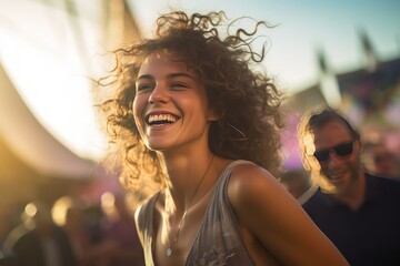 A free spirit happy woman at a music event fair amusement