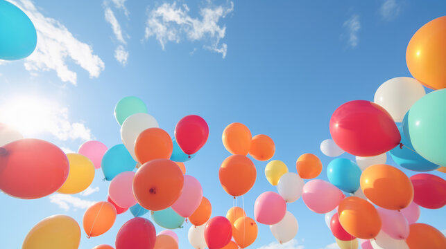 Helium balloons floating in the sky - Balloons flying in a blue sky - Colored balloons in the sky - Created with Generative AI technology.