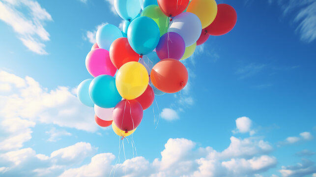 Helium balloons floating in the sky - Balloons flying in a blue sky - Colored balloons in the sky - Created with Generative AI technology.