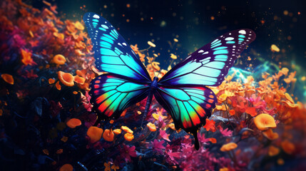 Butterfly flying over a garden - Butterfly in a garden - Monarch butterfly - Colorful garden with butterfly - Created with Generative AI technology.