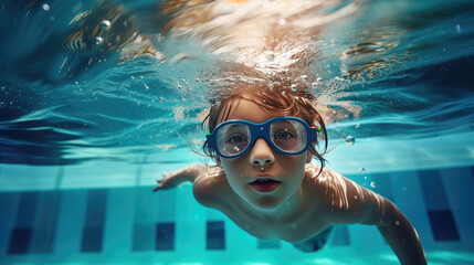 Fototapeta premium Generative AI, child, boy or girl swimming in the pool, swimming training, sports lifestyle, kids sports activities, childhood, water sports, emotions, kids swim