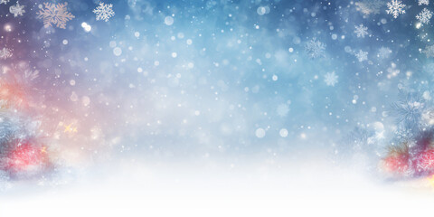 Winter themed background featuring a blue and white gradient with white snowflakes and red, orange, and yellow bokeh lights scattered throughout creating a soft and dreamy feel.