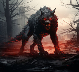 A werewolf in the woods. A Halloween concept. 