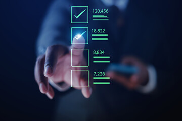 concept project approval technology , businessman using a pen to mark the correct checkboxes.
