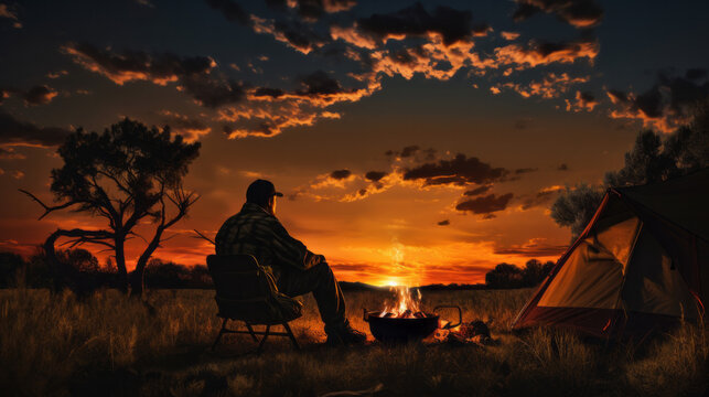Man camping with tent and campfire - Man watching sunset at campsite - Created with Generative AI technology.