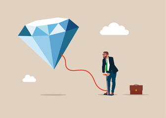 Human pumps up a balloon of a diamond floats higher. Inflation high up. Flat vector illustration