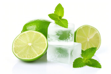 Ice for lime drink, lemon soda or cocktails. Cold limon lemonade. Melting natural or real ice on white isolated background