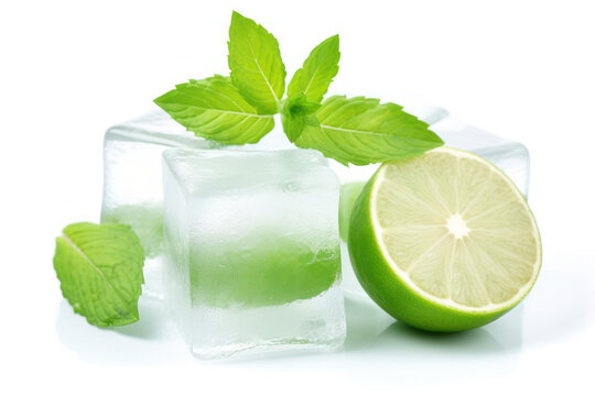 Ice cubes with fresh mint leaves and lime. Frozen water in shape of cube. Ice for lime drink, lemon soda or cocktails. Cold lemonade. Melting natural or real ice on white isolated background