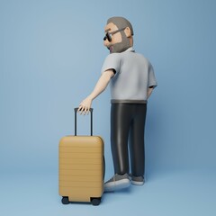 Man character 3d rendered illustration on a blue background with a suitcase. Vacation and trip concept