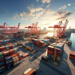 Import and Export photo concept. Large cargo ship, containers in a port terminal