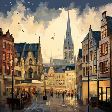 Illustration of Aachen city skyline. Aachen Cathedral, Germany