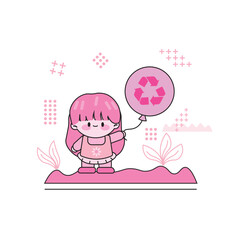 Kawaii cartoon little girl holding a balloon with a recycle sign. Vector