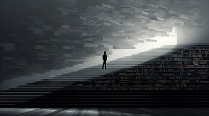 Illustration of human walking in stairs made of bookshelves. Made with Generative AI
