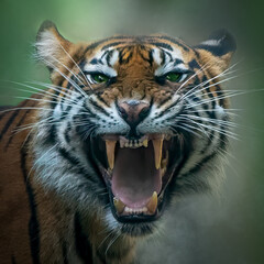 square portrait of an angry tiger showing teeth