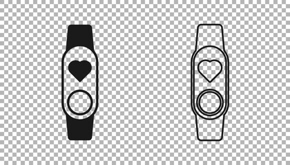 Black Smart watch showing heart beat rate icon isolated on transparent background. Fitness App concept. Vector