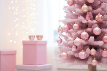 Pink christmas tree and decorations. Christmas background. AI generated