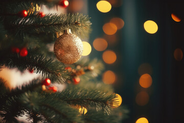 Close up of a christmas tree branch. Christmas lighting, decorations, blurry in background. AI generated