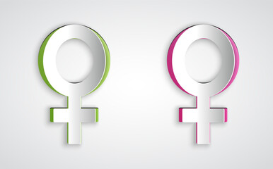 Paper cut Female gender symbol icon isolated on grey background. Venus symbol. The symbol for a female organism or woman. Paper art style. Vector