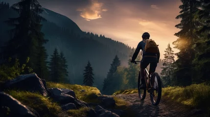 Foto op Canvas Biker riding bicycle in deep forest with mountain background, Generative AI  © patnarin