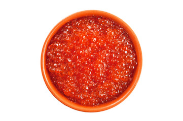 Salmon caviar in a clay pot on a transparent background.