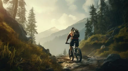 Foto op Plexiglas Biker riding bicycle in deep forest with mountain background, Generative AI  © patnarin