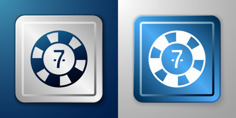 White Casino chips icon isolated on blue and grey background. Casino gambling. Silver and blue square button. Vector