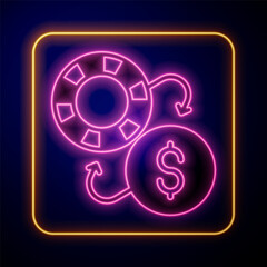 Glowing neon Casino chips exchange on dollar icon isolated on black background. Vector