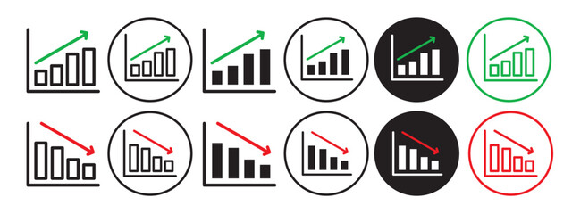 Graph Icon. Increasing decreasing chart pattern bars of financial investment report shows profit or loss symbol. Vector set of stock market trend upward or downward progress. Flat outline of sales up