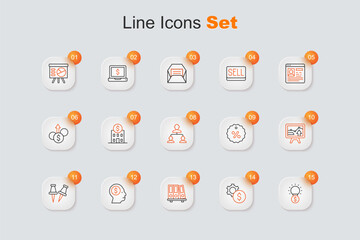 Set line Light bulb with dollar, Gear symbol, Office folders, Business man planning mind, Push pin, Monitor graph chart, Discount percent tag and Employee hierarchy icon. Vector