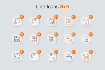 Set line Warehouse, Cardboard box with traffic symbol, Carton cardboard, Broken, clock, Tax and Waybill icon. Vector