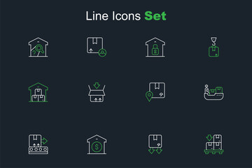 Set line Cardboard boxes on pallet, with traffic symbol, Warehouse price, Conveyor belt, Cargo ship delivery, Location cardboard, Carton and Full warehouse icon. Vector