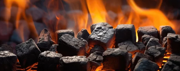 Foto op Aluminium Burning wood briquettes on the grill. generative ai © Michal