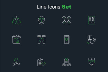 Set line IV bag, Hospital building, Patient record, Cross hospital medical, Blood pressure, Emergency call 911, Test tube with blood and Doctor appointment icon. Vector