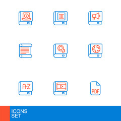 Set line PDF file document, Book about cinema, Translator book, Earth globe and, Decree, parchment, scroll, women, and icon. Vector