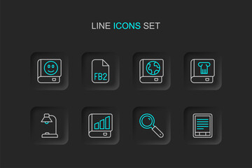 Set line E-Book reader, Magnifying glass, Financial book, Table lamp, History, Earth globe and, FB2 File and icon. Vector