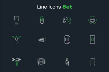 Set line Metal beer keg, Beer bottle, Wooden barrel on rack, Dried fish, can, Trumpet and Sausage the fork icon. Vector