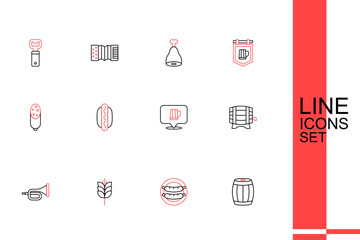 Set line Wooden barrel, Sausage, Wheat, Trumpet, on rack, beer mug, Hotdog sandwich and Salami sausage icon. Vector