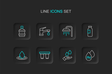 Set line Water drop, Washing hands with soap, filter cartridge, Bottle of water, Shower, tap and Big bottle clean icon. Vector