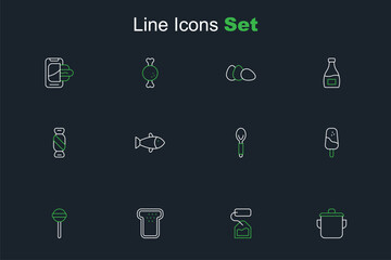 Set line Cooking pot, Tea bag, Bread toast, Lollipop, Ice cream, Spoon, Fish and Candy icon. Vector