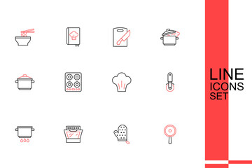 Set line Frying pan, Oven glove, Cooking pot on fire, Pizza knife, Chef hat, Gas stove and icon. Vector