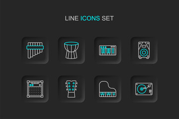 Set line Vinyl player with vinyl disk, Grand piano, Guitar neck, amplifier, Stereo speaker, Music synthesizer, African darbuka drum and Pan flute icon. Vector