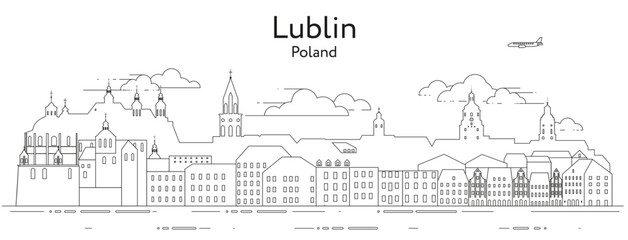 Lublin cityscape line art vector illustration - obrazy, fototapety, plakaty