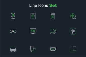 Set line Pillow, Earplugs with storage box, Sleeping pill, Big bed, Sleepy, Sheep, and Contact lens container icon. Vector